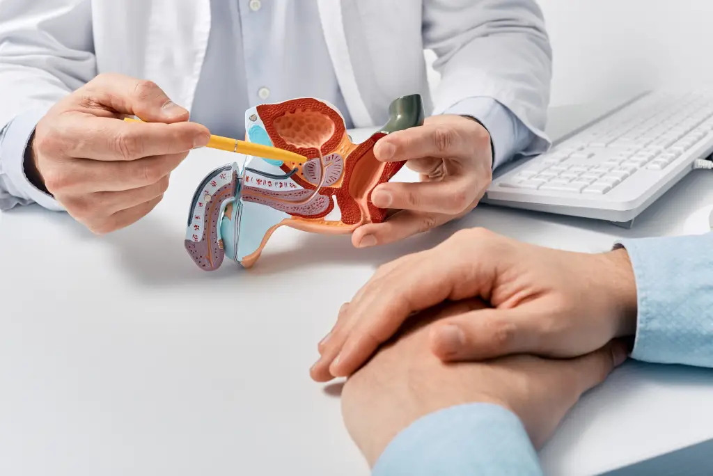 A physician points to the prostate on an anatomical model during a consultation with a patient.