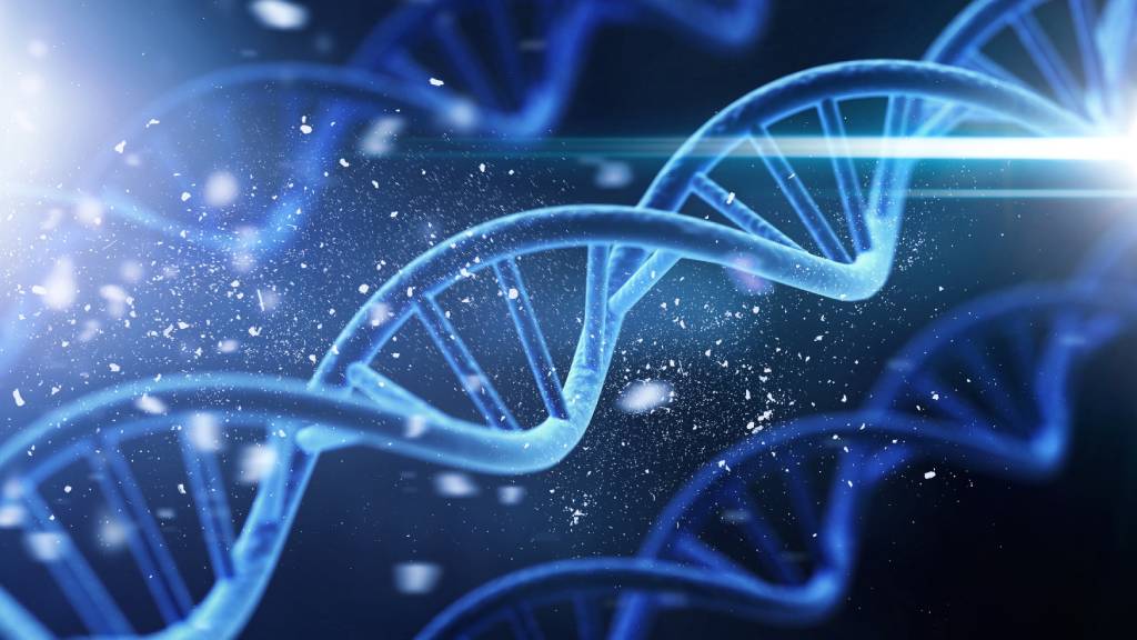 A spiral double helix structure representing DNA shown against a blue background.