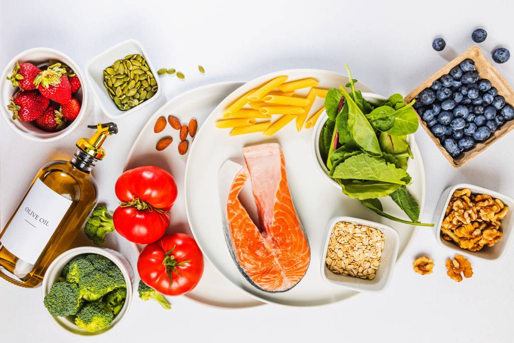 Anti-inflammatory foods are displayed on a table.